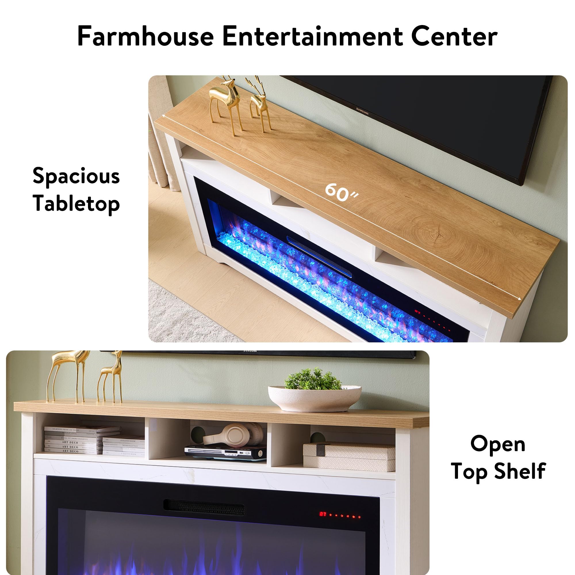 TV Stand with Electric Fireplace – Open Shelves, App & Voice Control, White