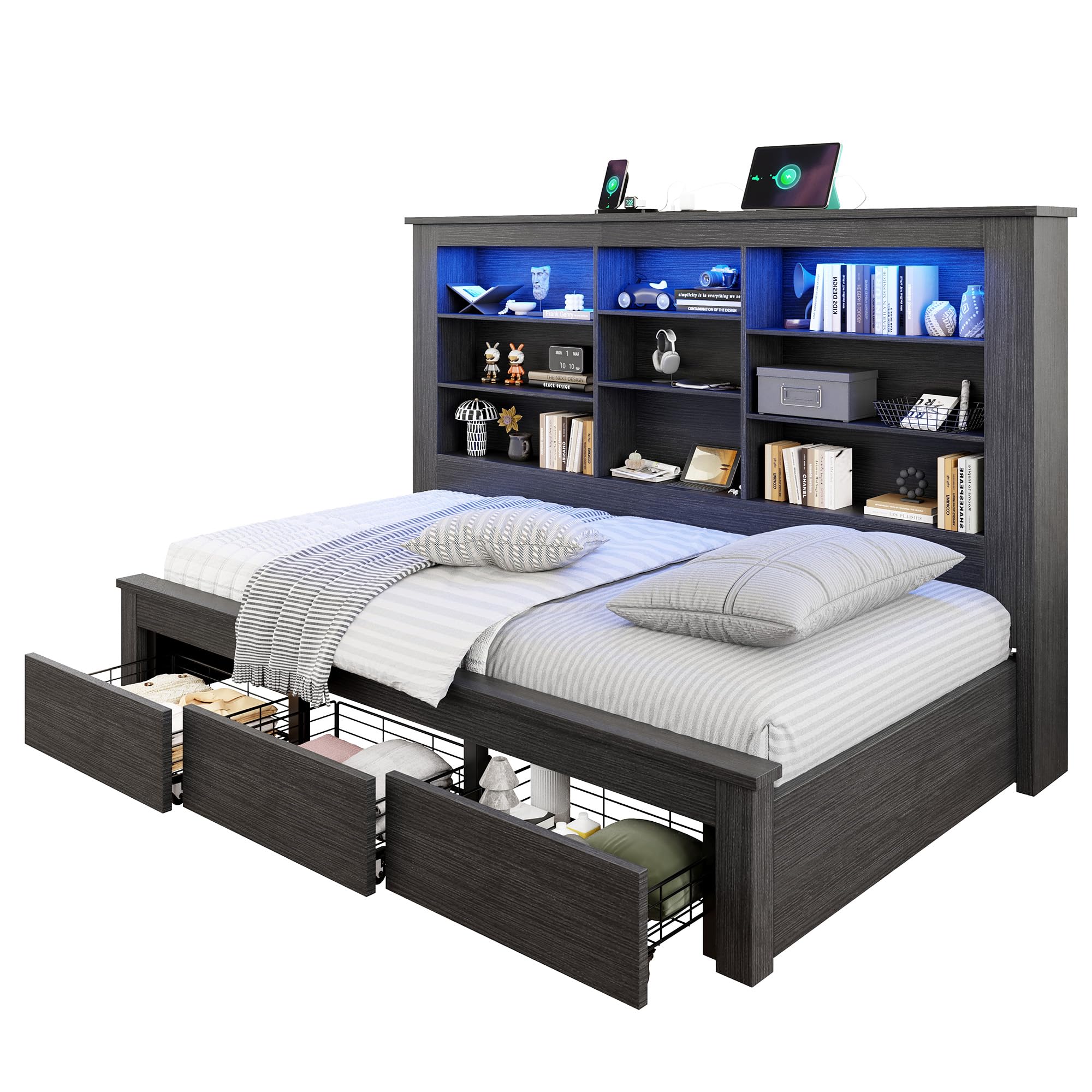 Jocisland Twin Bed Frame with Storage Drawers, Bookcase Headboard, USB Charging, RGB Lights, Farmhouse Wood Daybed, No Box Spring Needed, Black