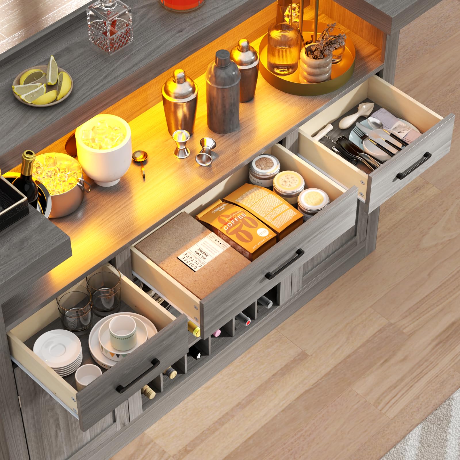 Wine Bar Cabinet with LED, 3 Drawers & Adjustable Wine Rack