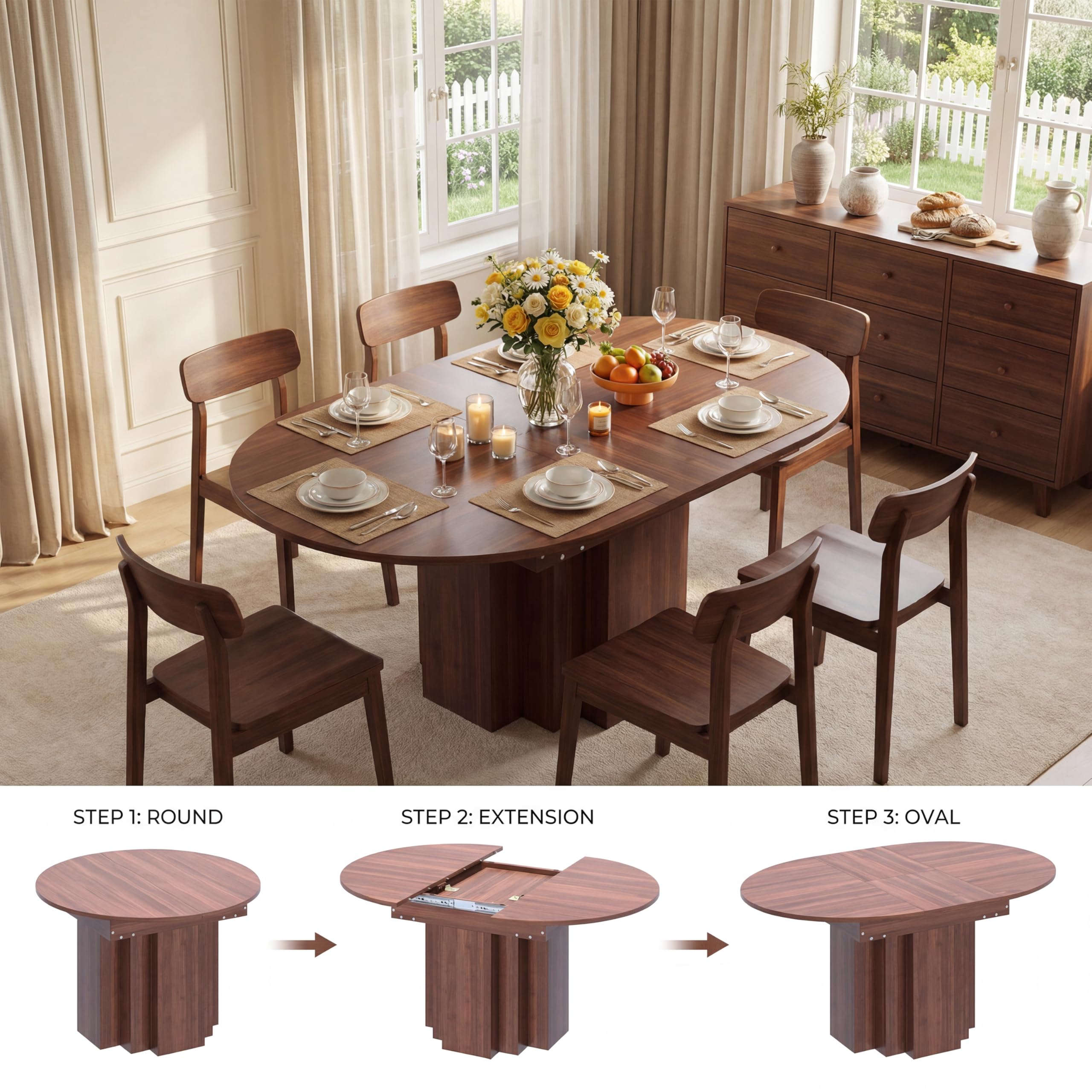 Extendable Round Dining Table, 45.3"-61" Space Saving Oval Kitchen Table with Self-Storing Butterfly Leaf, Modern Farmhouse Walnut Dining Room Table with Fluted Pedestal Base for 4-6 People