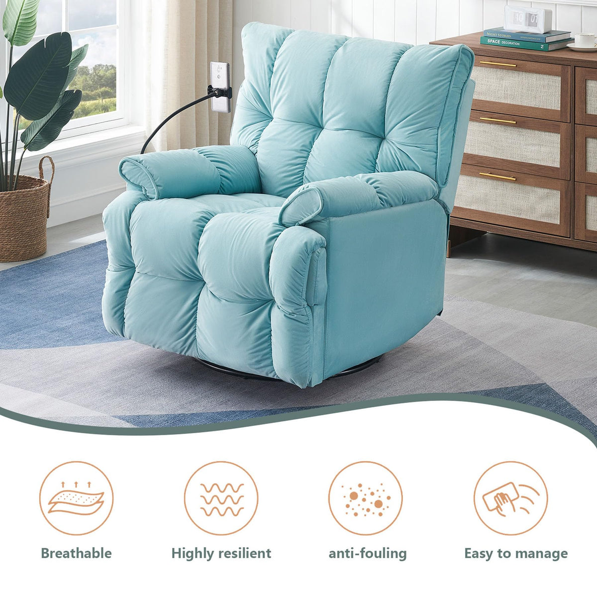 Velvet Recliner Chairs for Adults & Lazy Recliner Chair, Adjustable Backrest, Phone Stand, Suitable for Small Spaces, Living Room (Cyan)