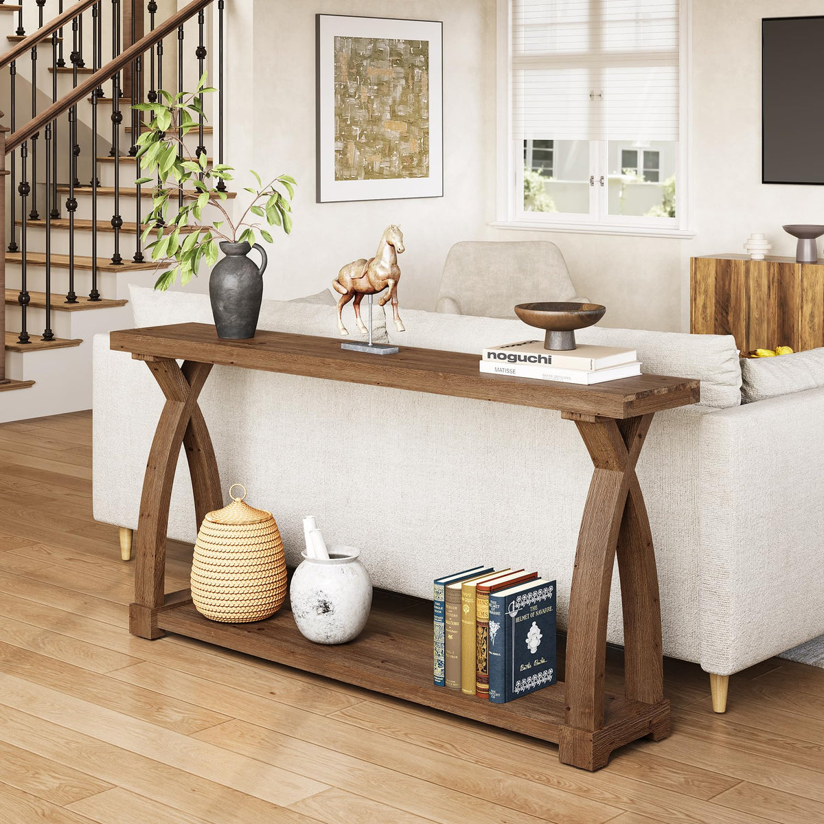 TRIBEWOOD Solid Wood Console Table for Entryway, 63-Inch Narrow Farmhouse Couch Table Behind Sofa with 2-Tier Storage for Entrance, Foyer, Living Room, Long, Dark Brown