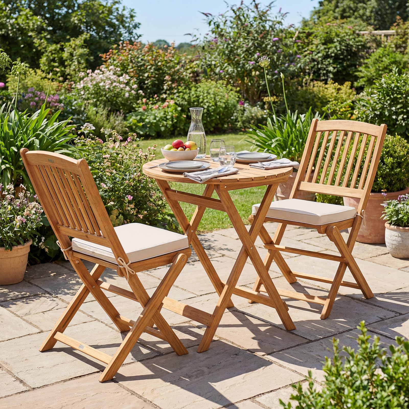 3-Piece Folding Acacia Wood Patio Bistro Set with Cushioned Chairs