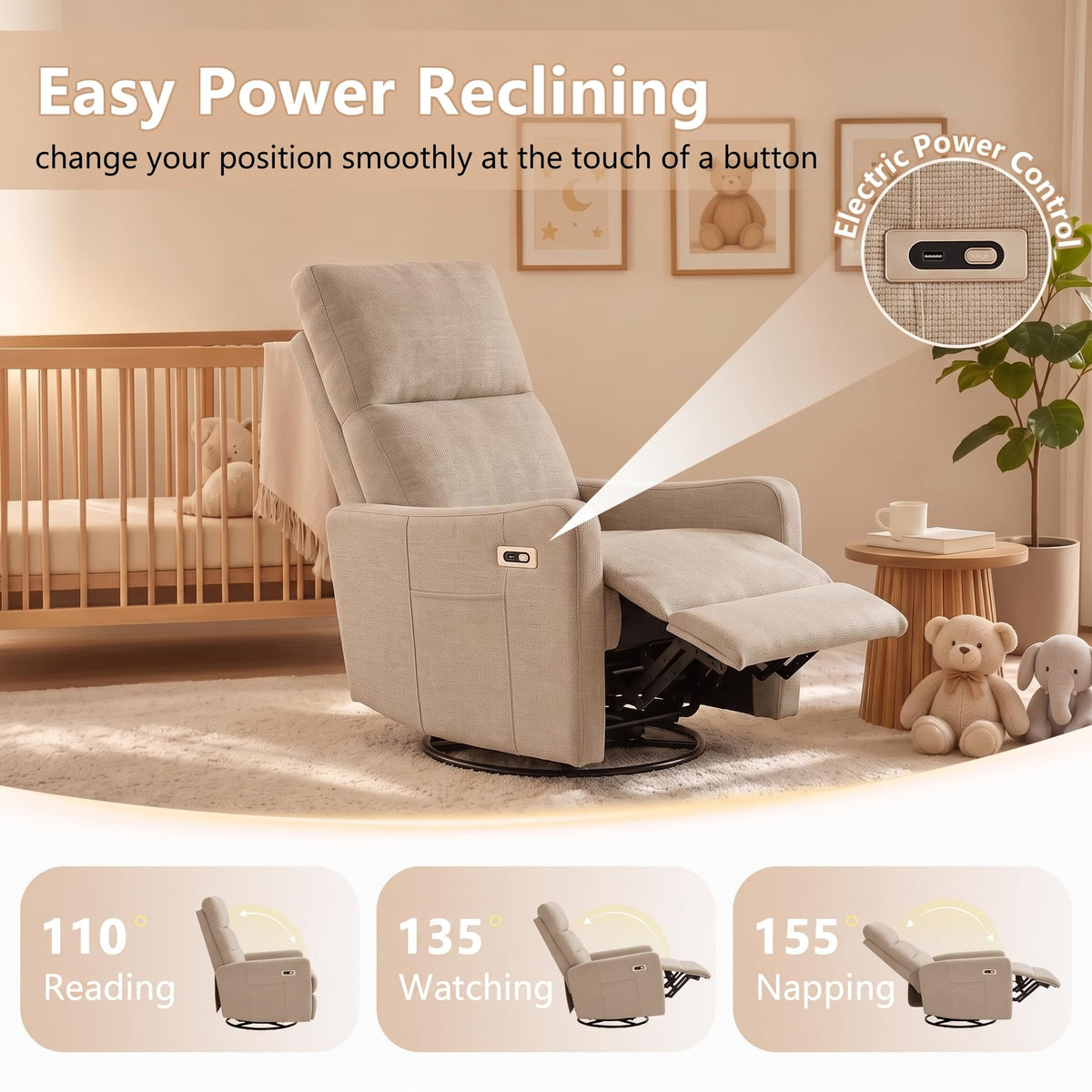 cinkehome Small Power Swivel Rocker Recliner, Glider Chair for Nursery