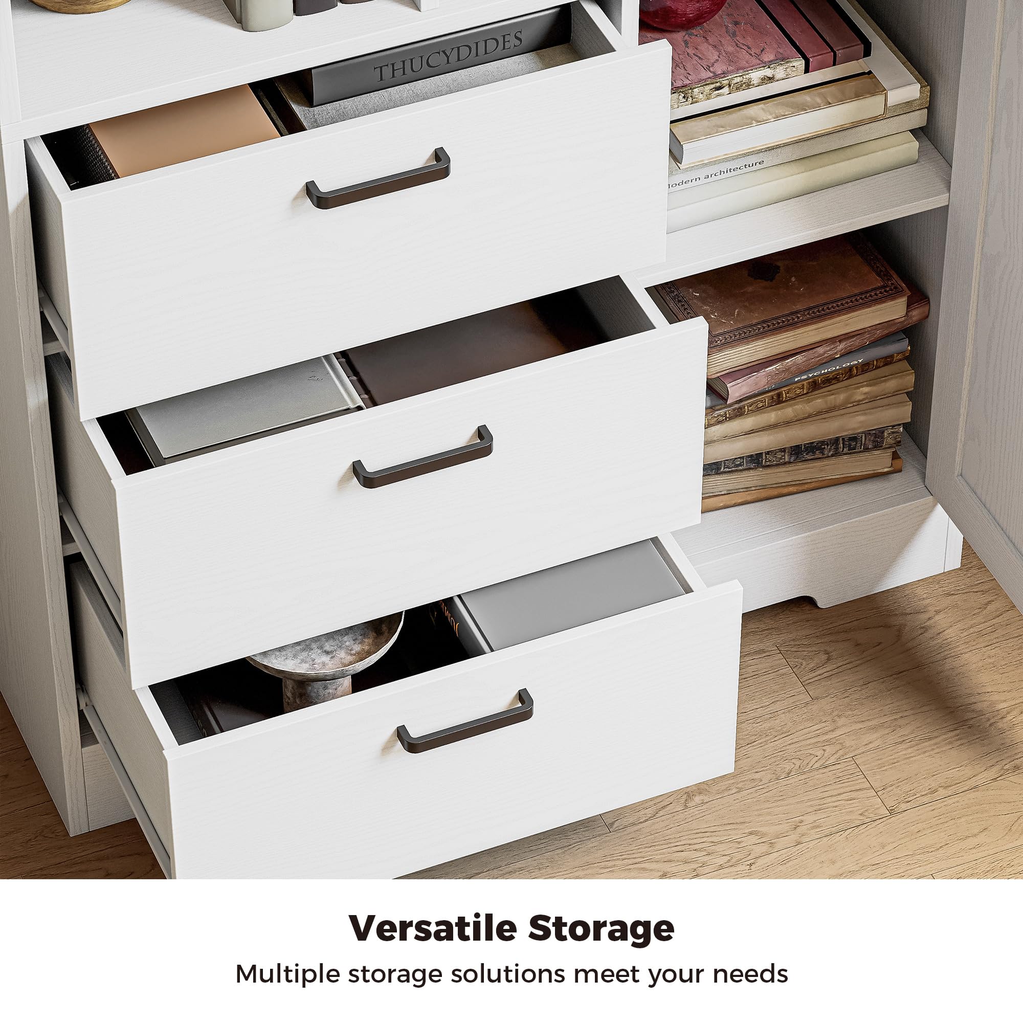 IRONCK Bookshelf, 70.9 Inch Tall Bookcase, White Book Shelf with Doors and 3 Drawers, 3-Tier Bookshelves with 6 Open Cubes for Home Office, Living Room, Study