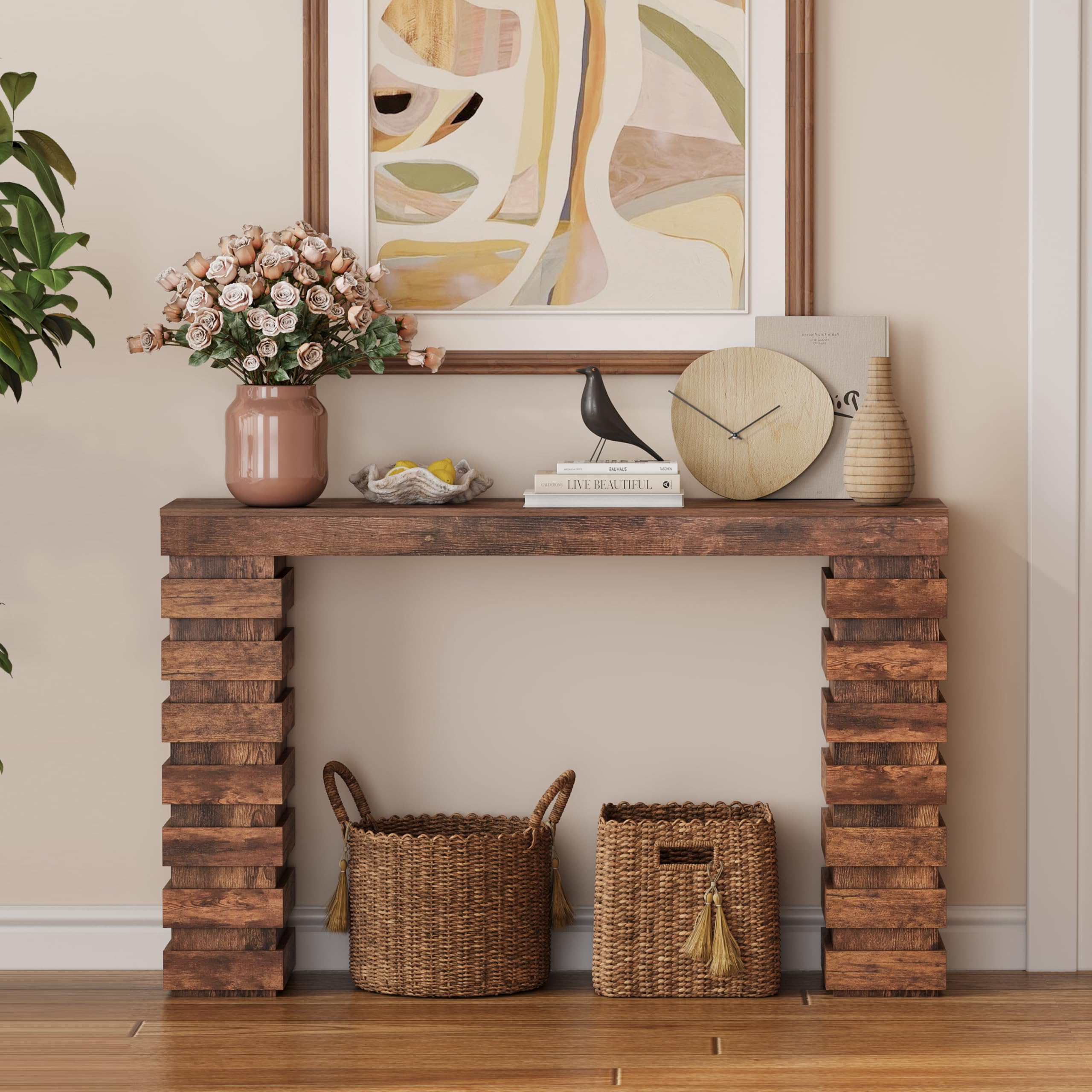 NinPeen 47.24" Long Console Table, Wood Entrance Table, Sofa Table Behind Couch, Industrial Console Table, Entryway Table for Contemporary Living Room, Entryway, or Hallway (Rustic Brown)