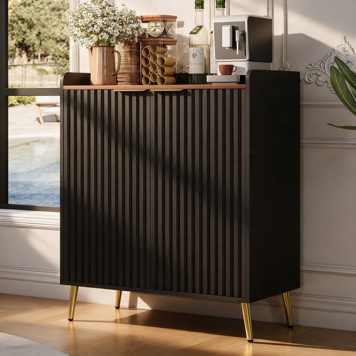 Black Fluted Wine Bar Cabinet