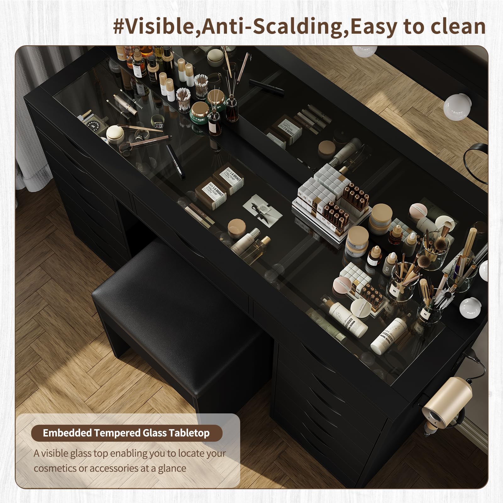 Yanosaku 15 Drawers Vanity Desk with Power Outlet, Makeup Table with Mirror and 13 LED Lights, 3 Color Lighting Modes, Brightness Adjustable, Glass Top Dressing Table, Vanity Set for Bedroom, Black