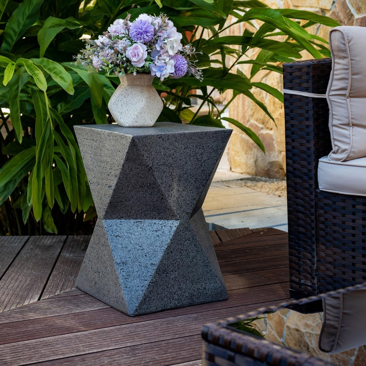 LumeVale 19'' Outdoor Side Table – Lightweight Stone Patio Coffee Stand, Concrete End Table for Backyard, Balcony (Rhombus)