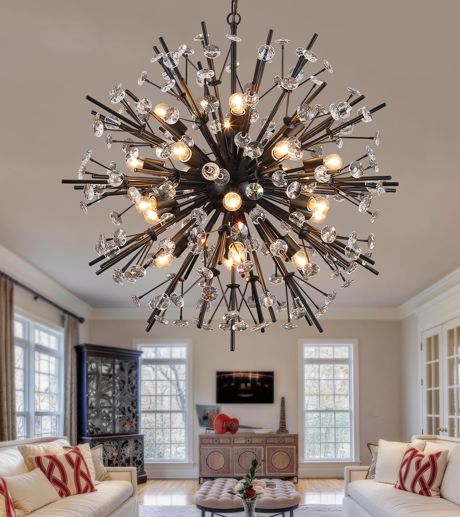 Q&S Black Crystal Chandelier,20-Light Firework Sputnik Chandelier,Modern Luxury Pendant Light Fixture for High Ceiling Foyer,Living Room Dining Room Hallway Bedroom Villas (UL Listed)