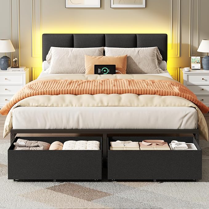 Full Size Bed Frame with LED Lighting & Storage Drawers