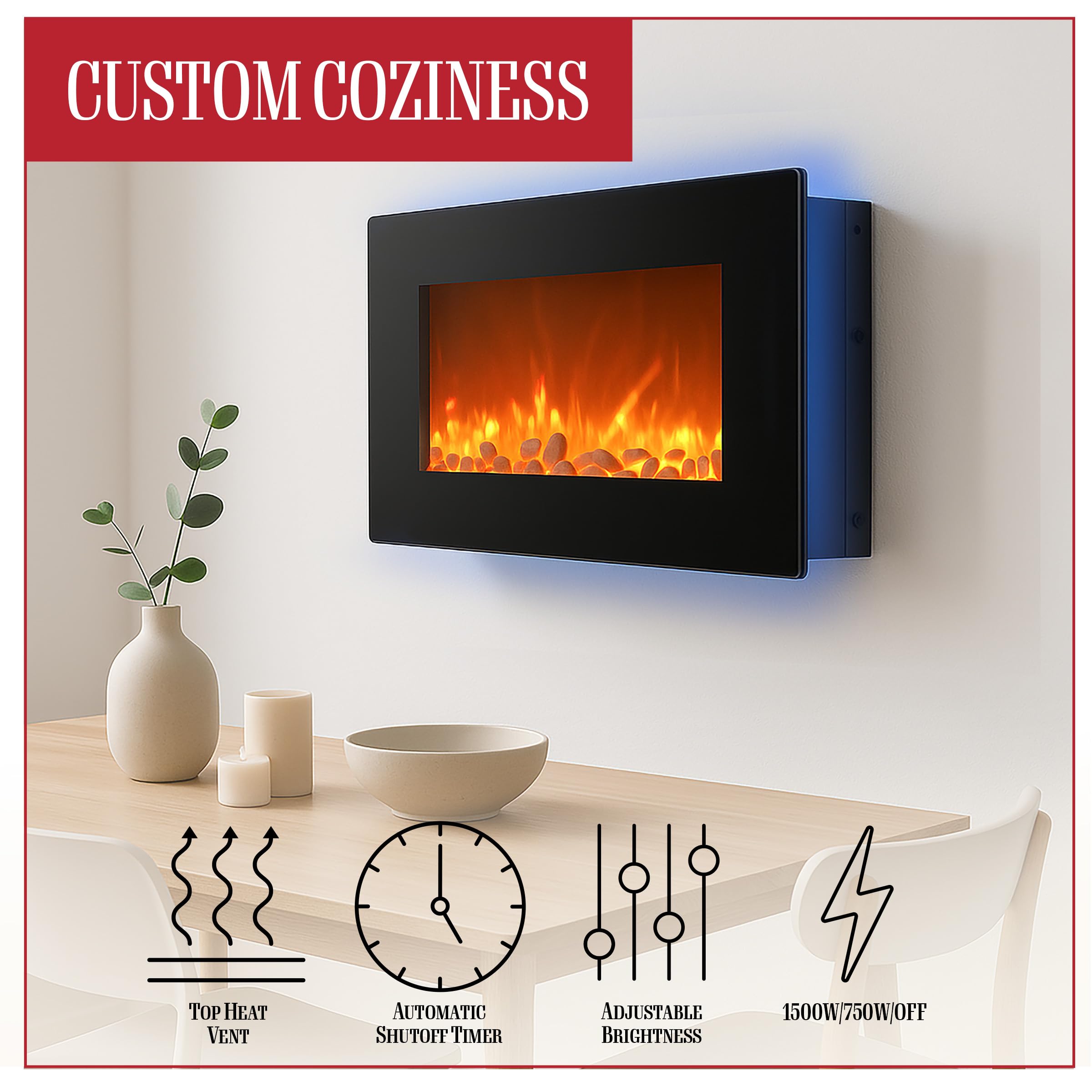 Wall-Mounted Electric Fireplace with 13 Backlight Colors