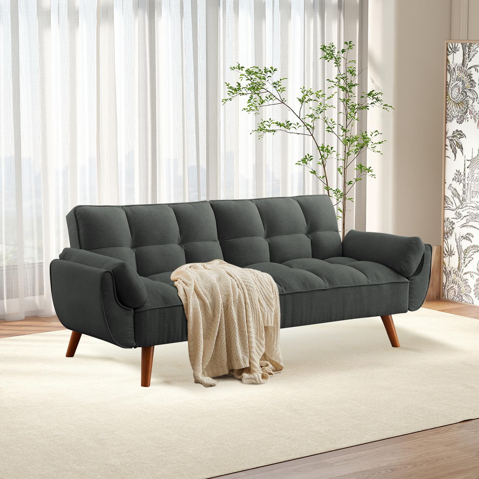Gleariae 75" Convertible Futon Sofa Bed, Sleeper Couch Bed with Adjustable Backrest, Small Couches for Small Spaces, Living Room, Bedroom and Office (Dark Gray)