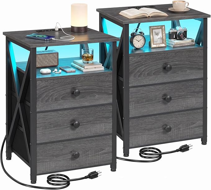 LED Nightstands with Charging Station, Set of 2