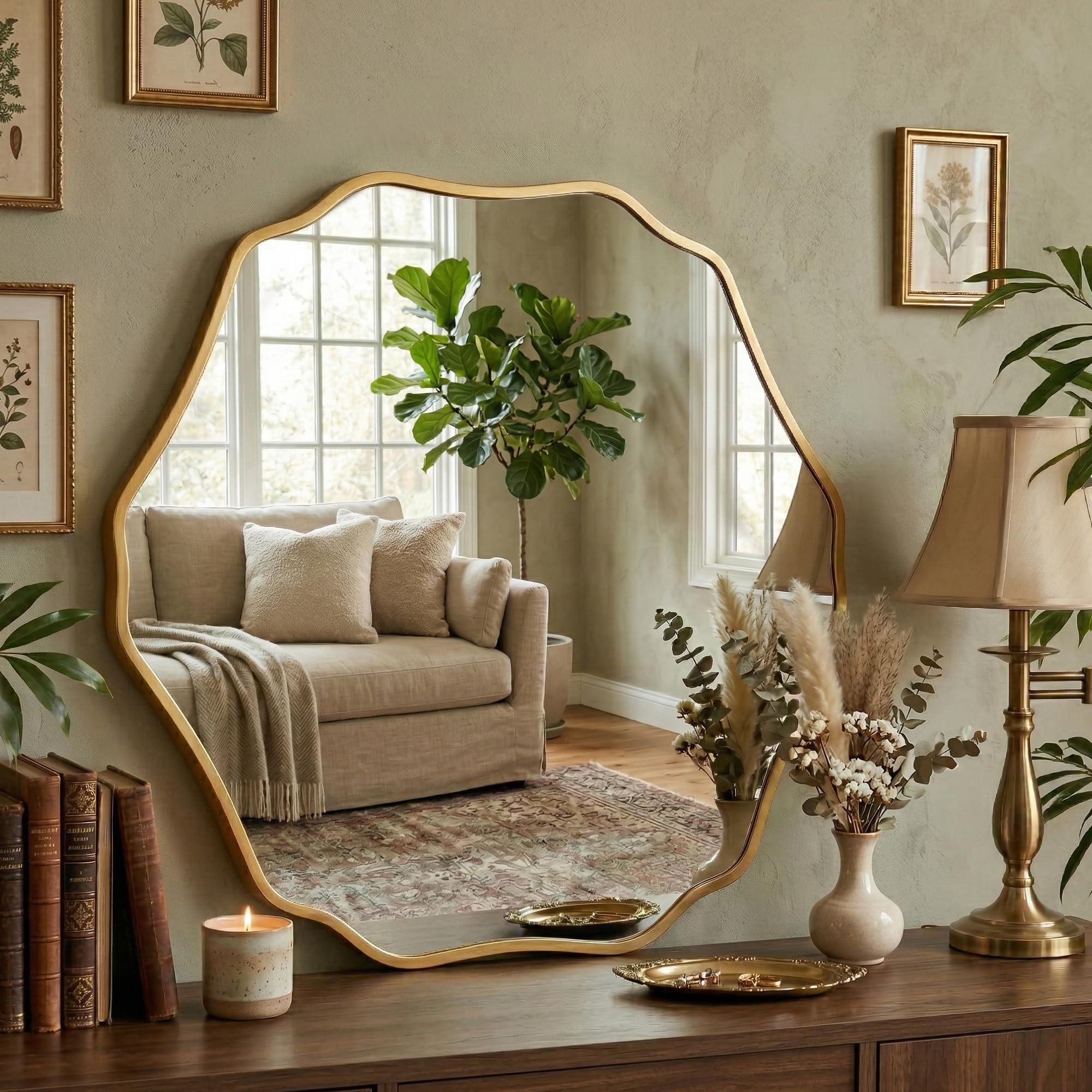 Hexagonal Wall Mirror with Wavy Edge & Brushed Gold Frame