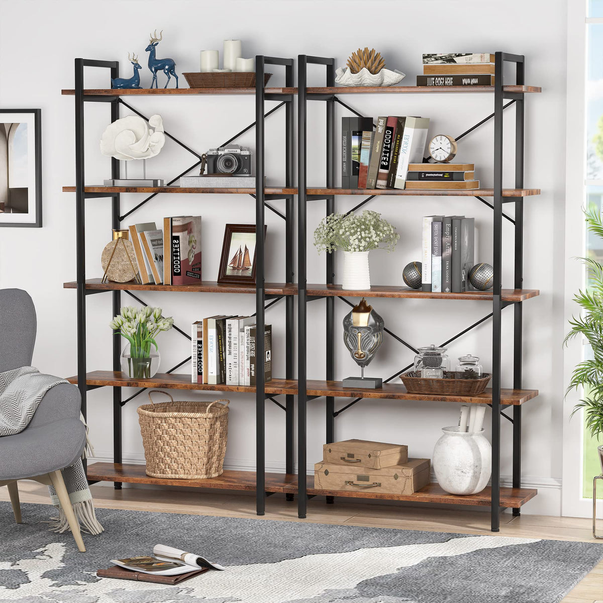Rustic 5-Tier Industrial Bookcase