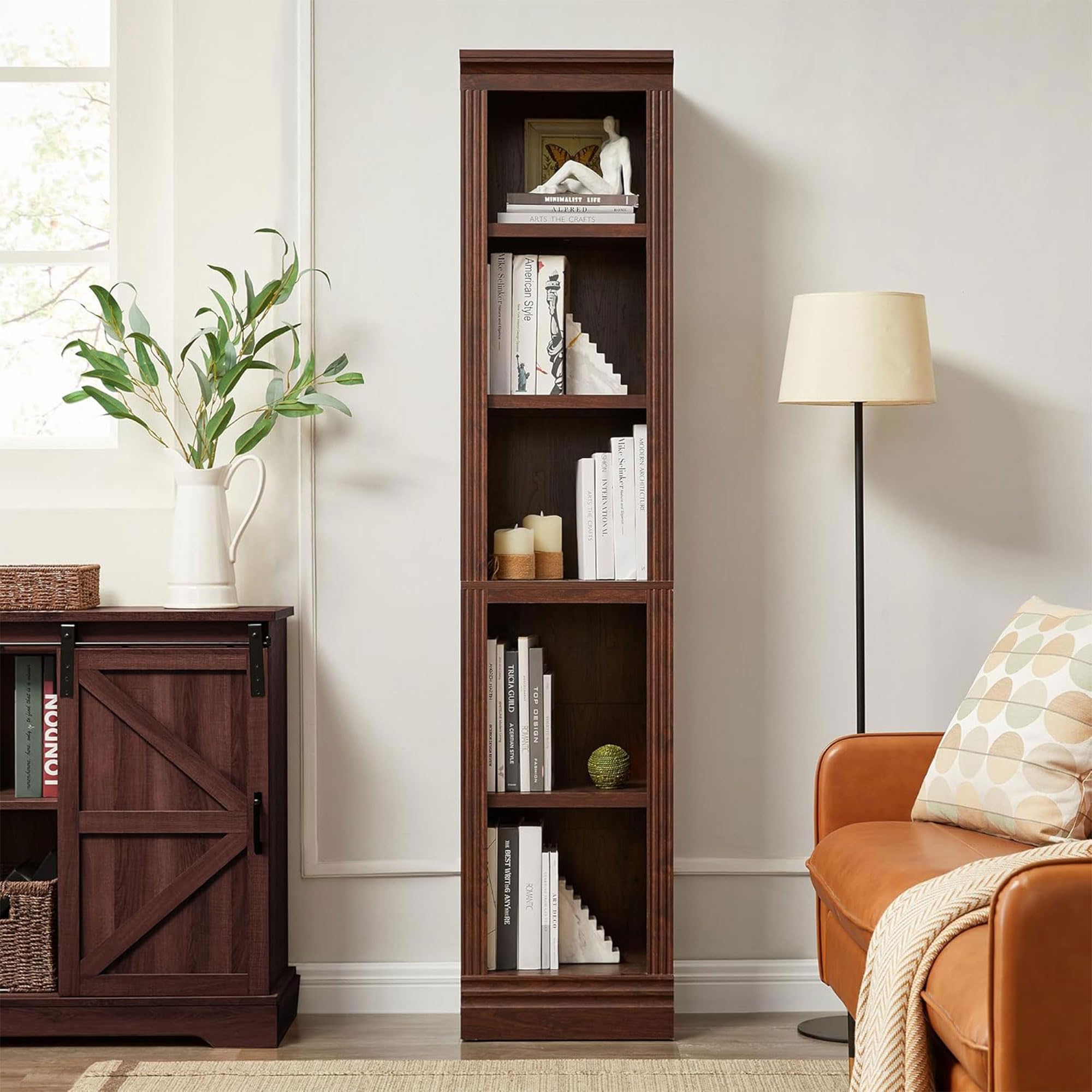 JAHRSTIM Halston Bookshelf, 5-Tier Tall Narrow Storage Shelf, Slim Adjustable Open Shelving Unit Closet Organizer and Storage for Living Room Home Office Bedroom, Modular Narrow Bookcase Bookshelf