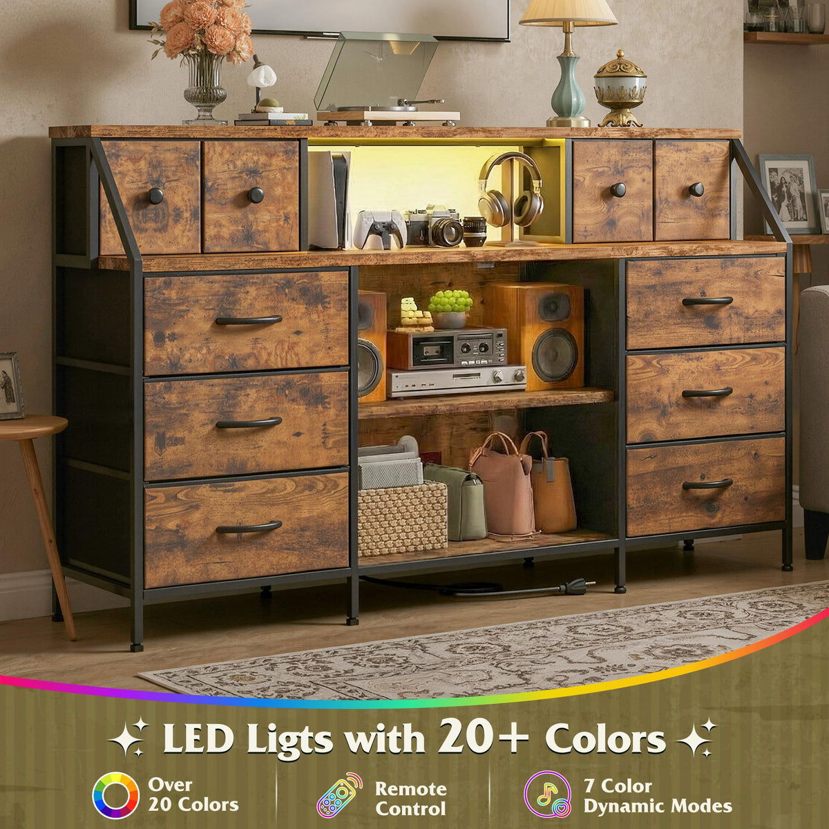 Romorgniz 55" W Dresser with Charging Station & LED, Detachable Mesh Door