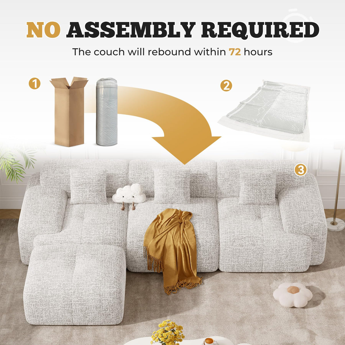 122" Modern L Shaped Modular Sectional Sofa, Boneless Couches for Living Room with Ottoman,4 Seater Convertible Chenille Cloud Couch Sofa Set, No Assembly Required, Beige 1 PCS