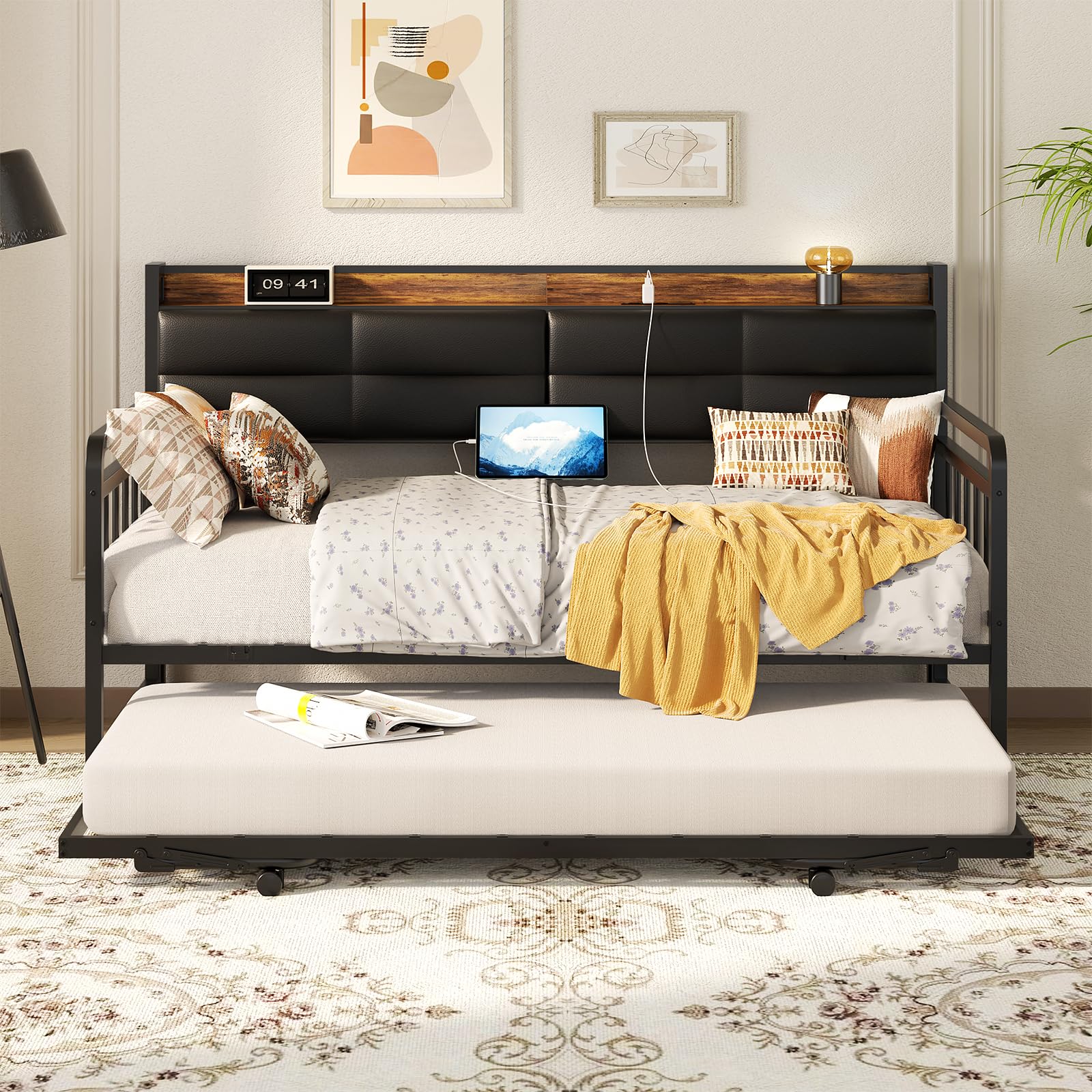 Homieasy Daybed with Trundle, Twin Day Bed with Upholstered Headboard and Charging Station, Metal Twin Sofa Bed Frame Pop-up Trundle Bed for Bedroom and Guest Room, Rustic Brown