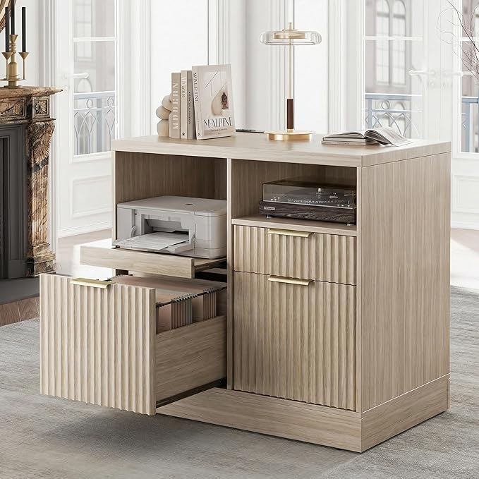 3-Drawer File Cabinet with Charging Station & Open Shelves