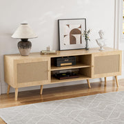 ZttRiee TV Stand with Rattan Doors for TVs up to 65", Mid-Century, Natural