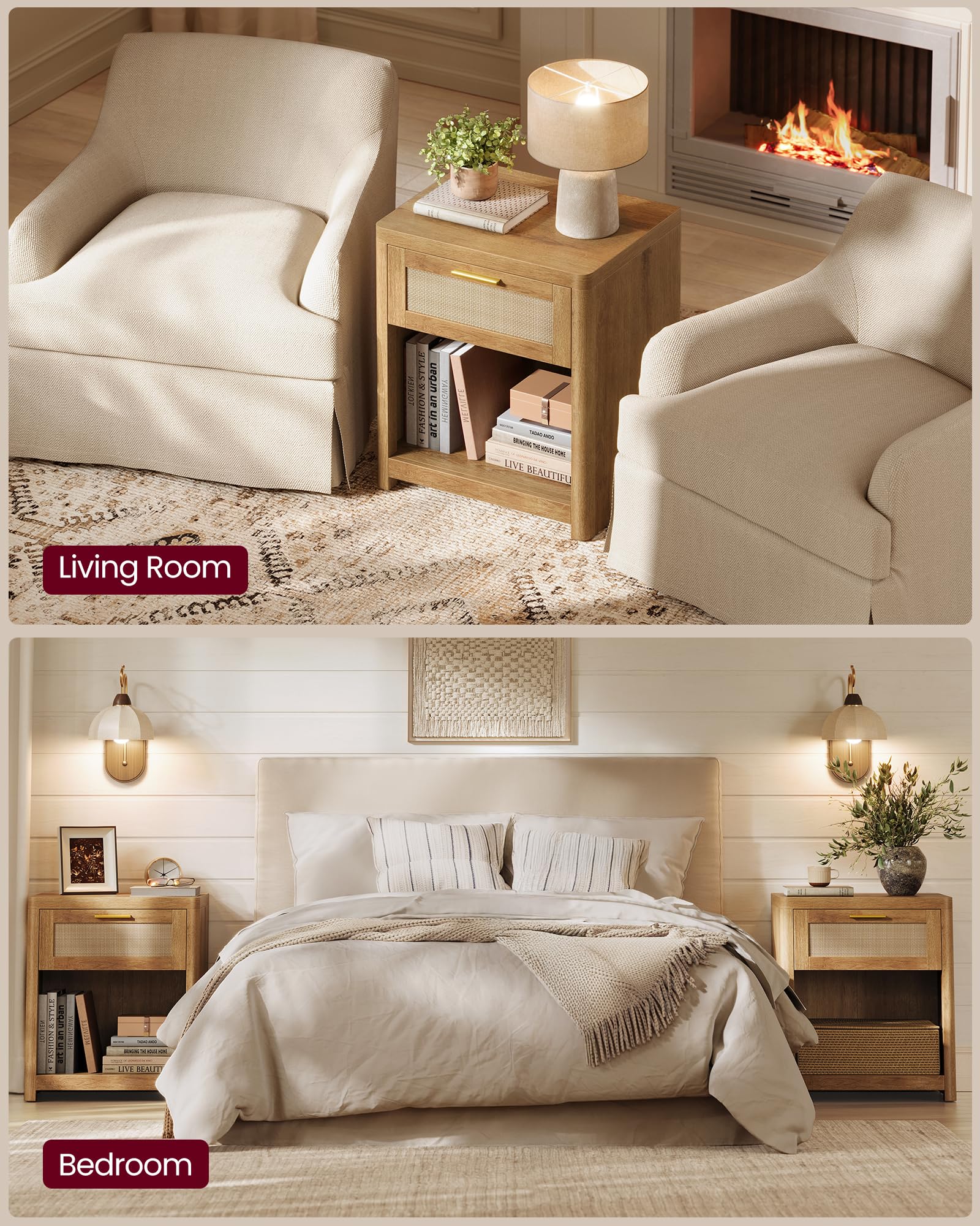 Boho Rattan-Look Nightstands with Drawer – Set of 2