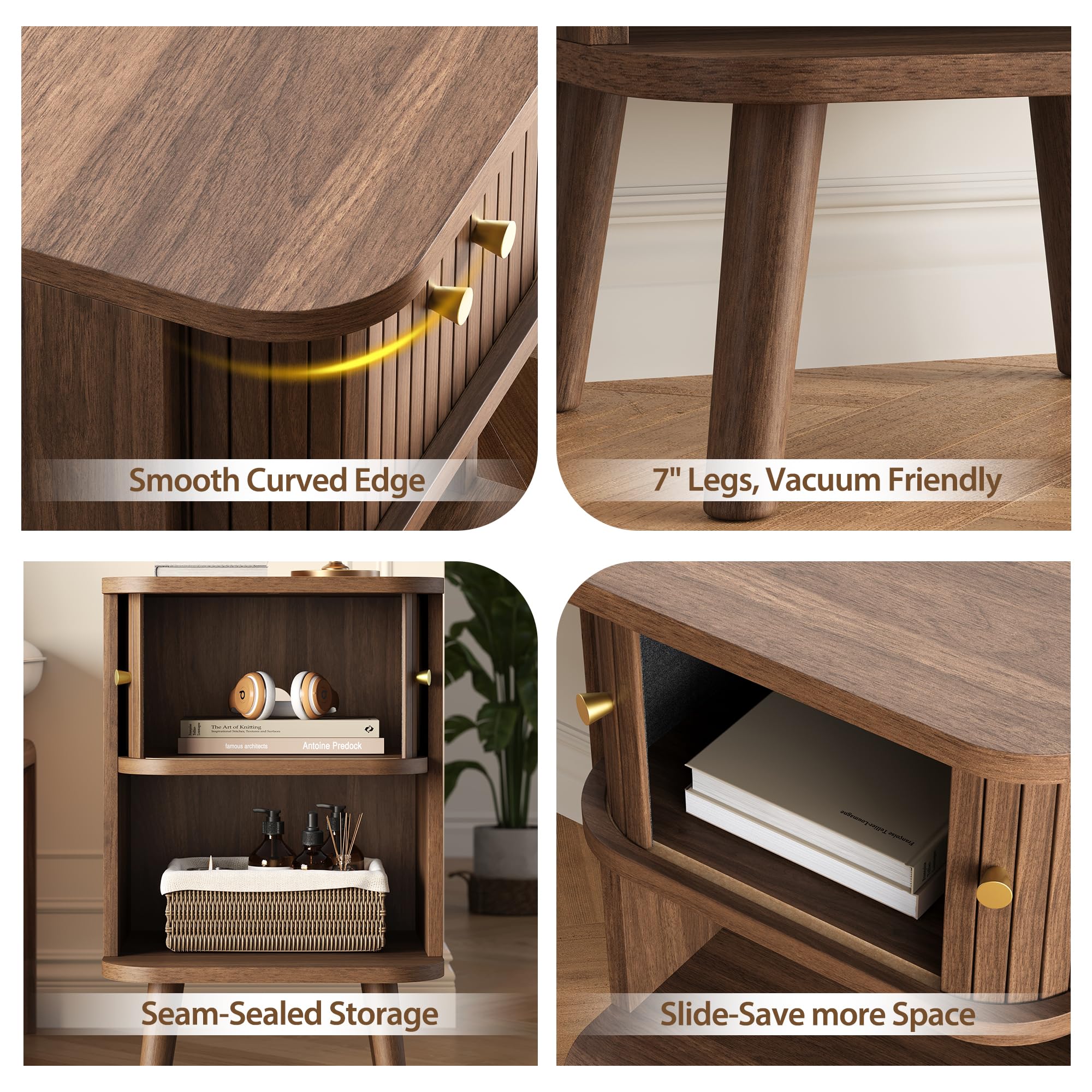 Fluted Nightstand with Charging Station & Sliding Tambour Door