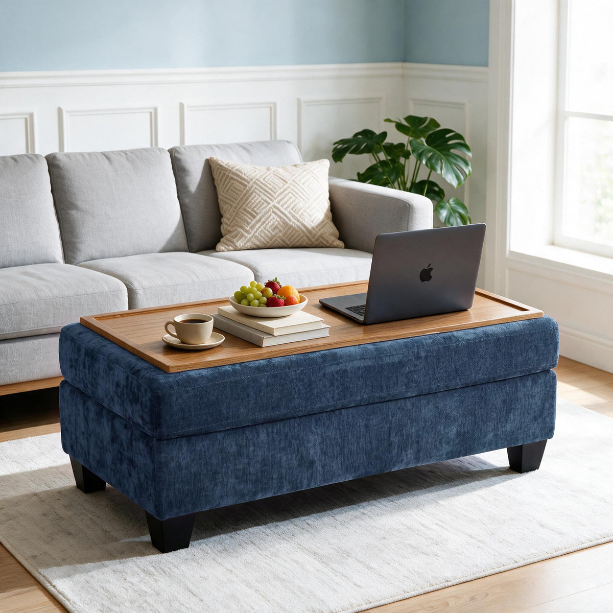 Chenille Storage Ottoman with Tray