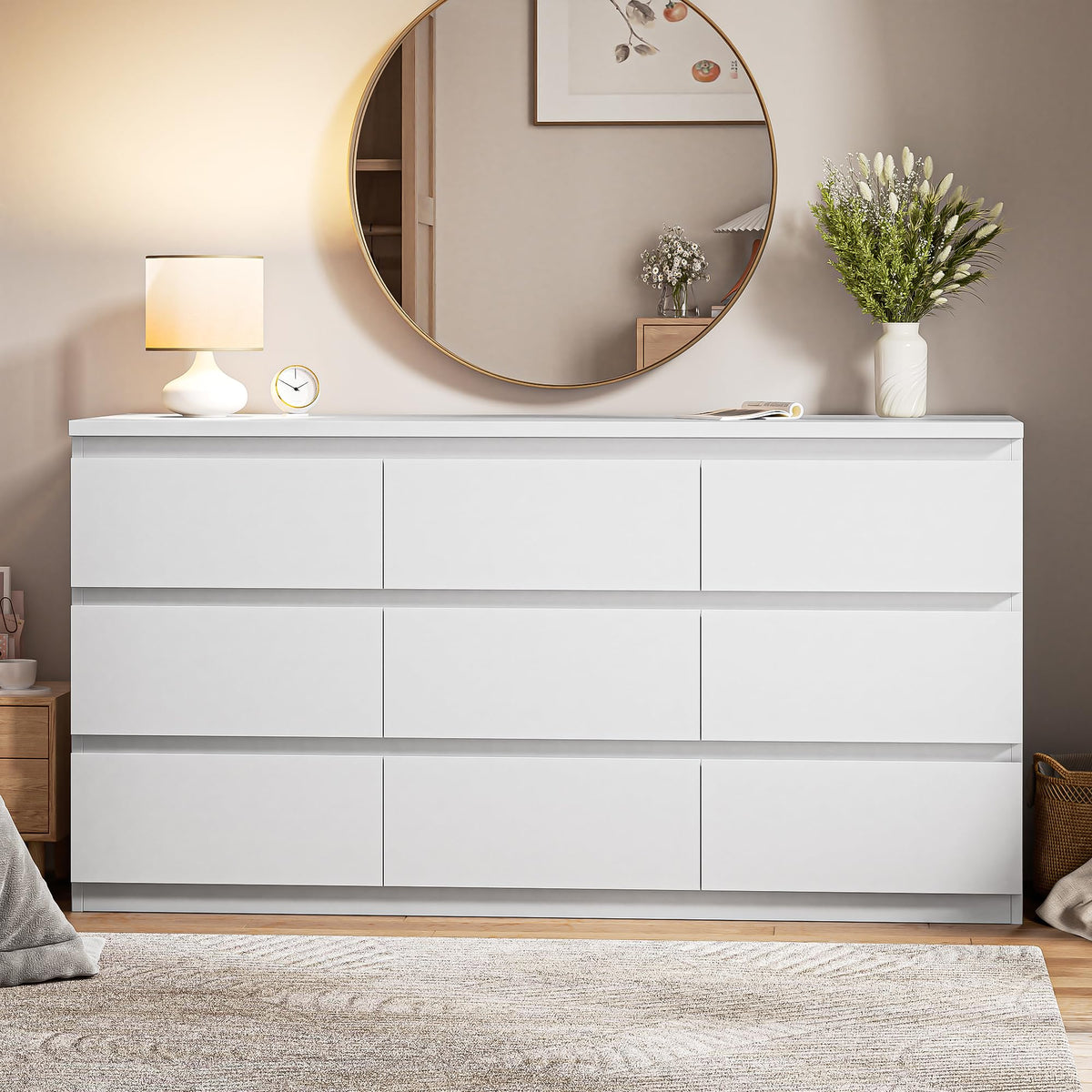 Jocoevol Modern 9 Drawer Dresser for Bedroom, Simply Chest of Drawers, Wood Storage Dresser with Deep Drawers for Living Room Hallway Entryway (White)