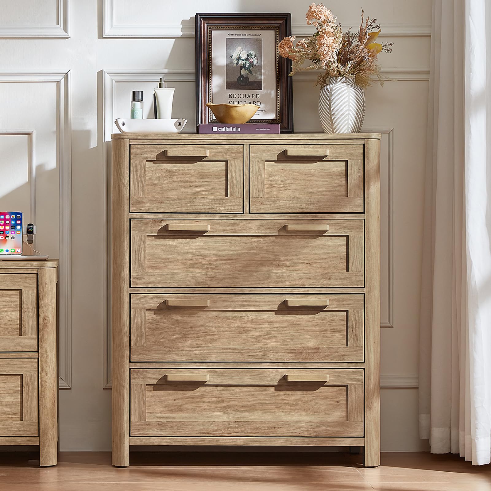 Joaxswe Farmhouse 5 Drawer Dresser for Bedroom, Chest of Drawers with 5 Deep Drawer & 4 Thickened Table Legs, Natural Wood