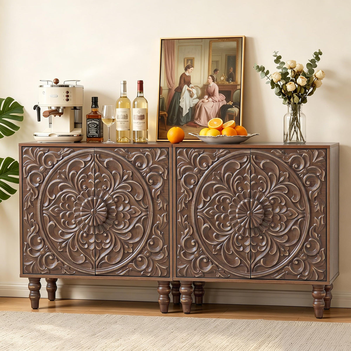 Carved Floral Accent Cabinet