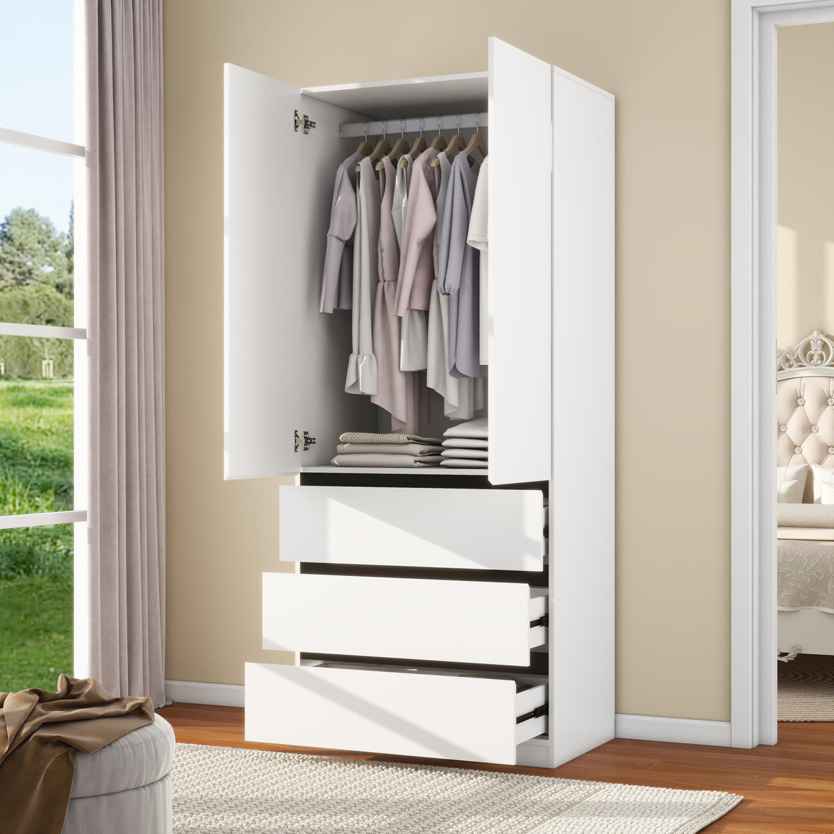 White Wardrobe with 3 Drawers
