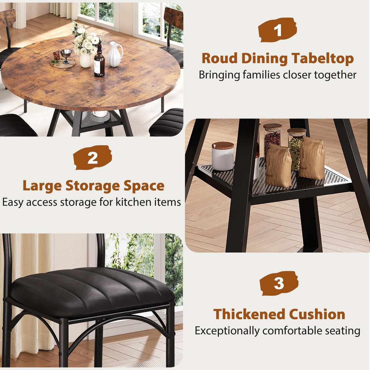 Dining Table Set for 4,Kitchen Table and Chairs for 4, Round Dining Room Table with Upholstered Chairs, 5 Piece Space Saving Circle Wood Kitchen & Dining Room Dinner Dinette Table Set (Vintage, 42In)