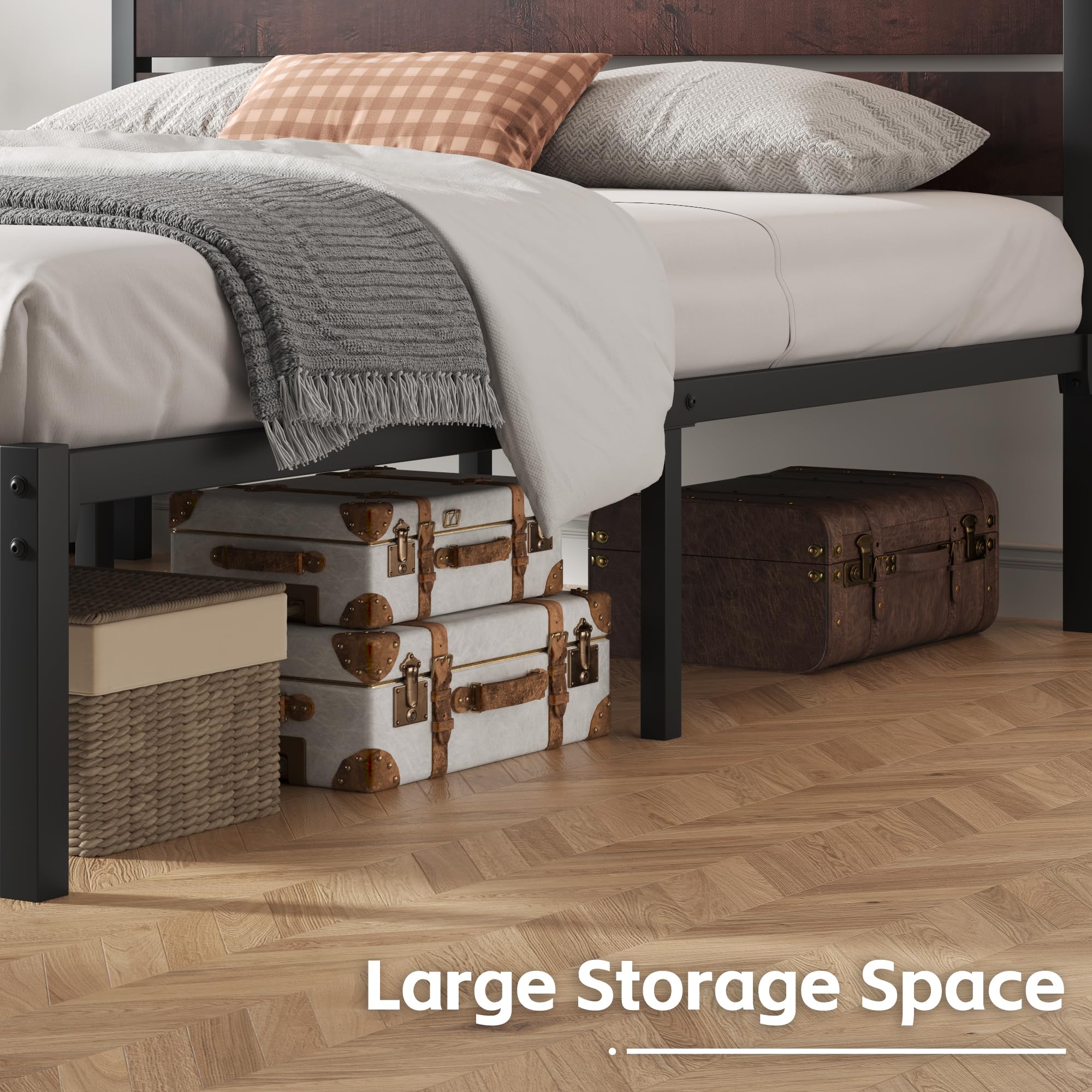 Queen Metal Bed Frame with Headboard, Footboard & Under-Bed Storage