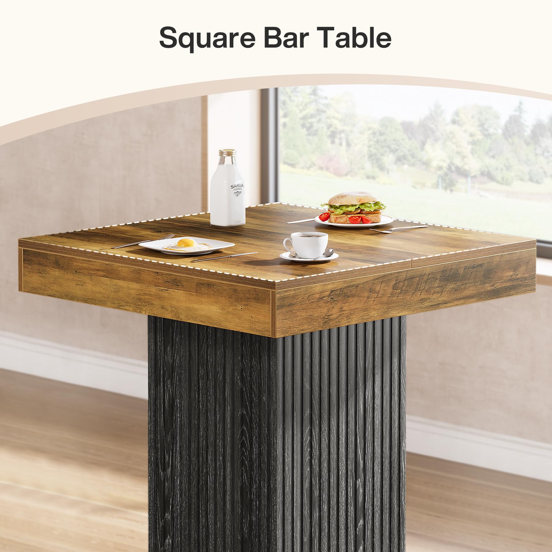 Tribesigns Square Bar Table, Kitchen Dining Table, Industrial Counter Height Pub Cocktail Table Home Bar Unit with Metal Footrest for Dining Room, Tavern, Coffee Corner, Bistro, Rustic Brown