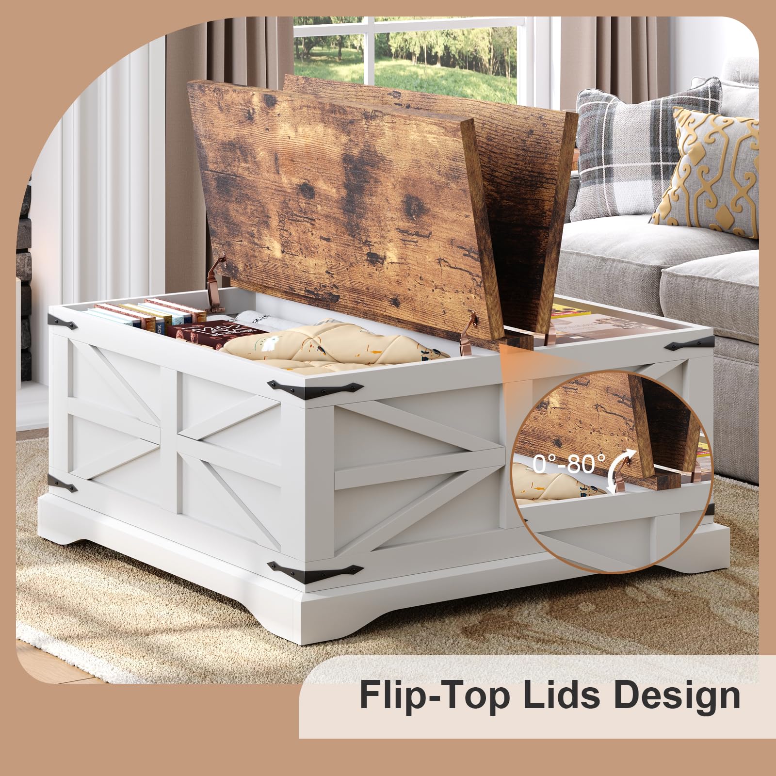 MXV Farmhouse Coffee Table with Storage, Square Coffee Tables for Living Room, Rustic Wood Center Table with Hinged Lifting Tabletop for Home, White