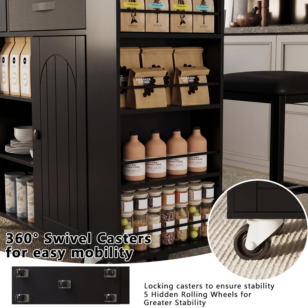 Ncoutaire Rolling Kitchen Island with Storage, Black