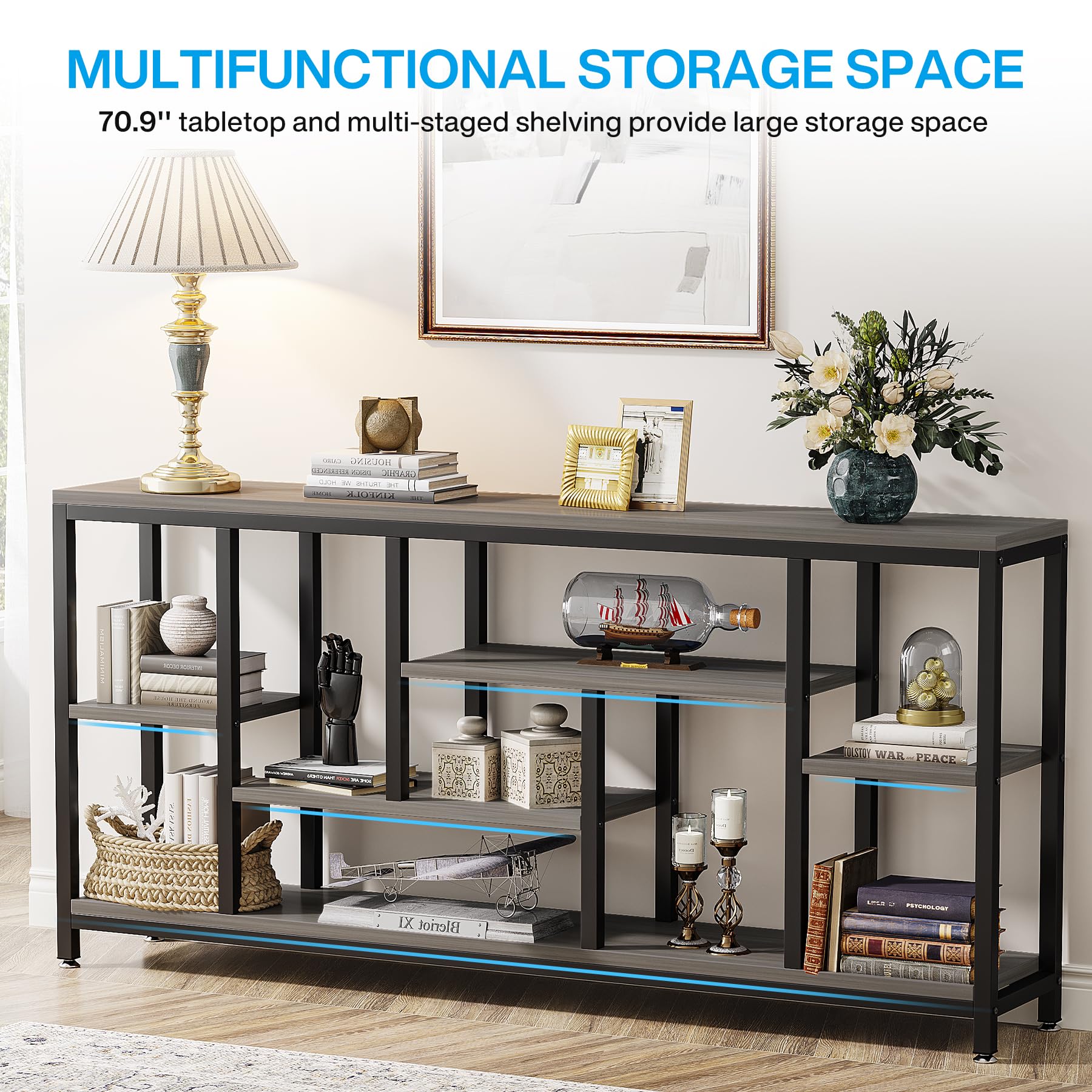Tribesigns Console Sofa Table, 70.9 inch Extra Long Console Table Behind Couch with Storage Shelves, 3-Tier Modern Narrow Entryway Hallway Accent Table for Living Room, Grey