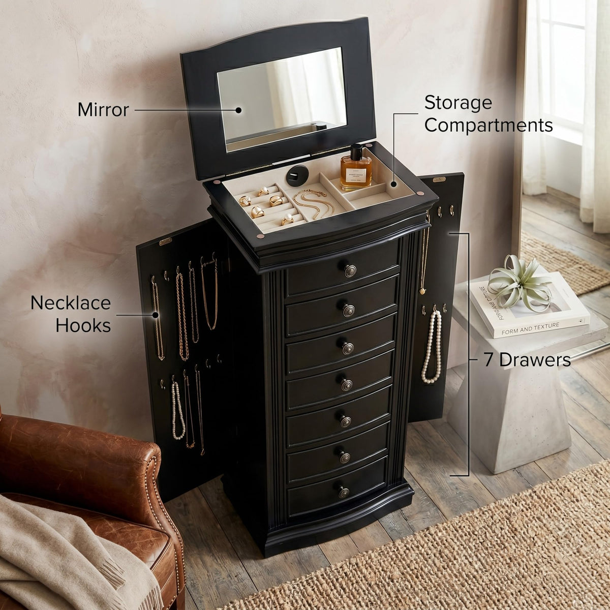 Black 7-Drawer Jewelry Armoire