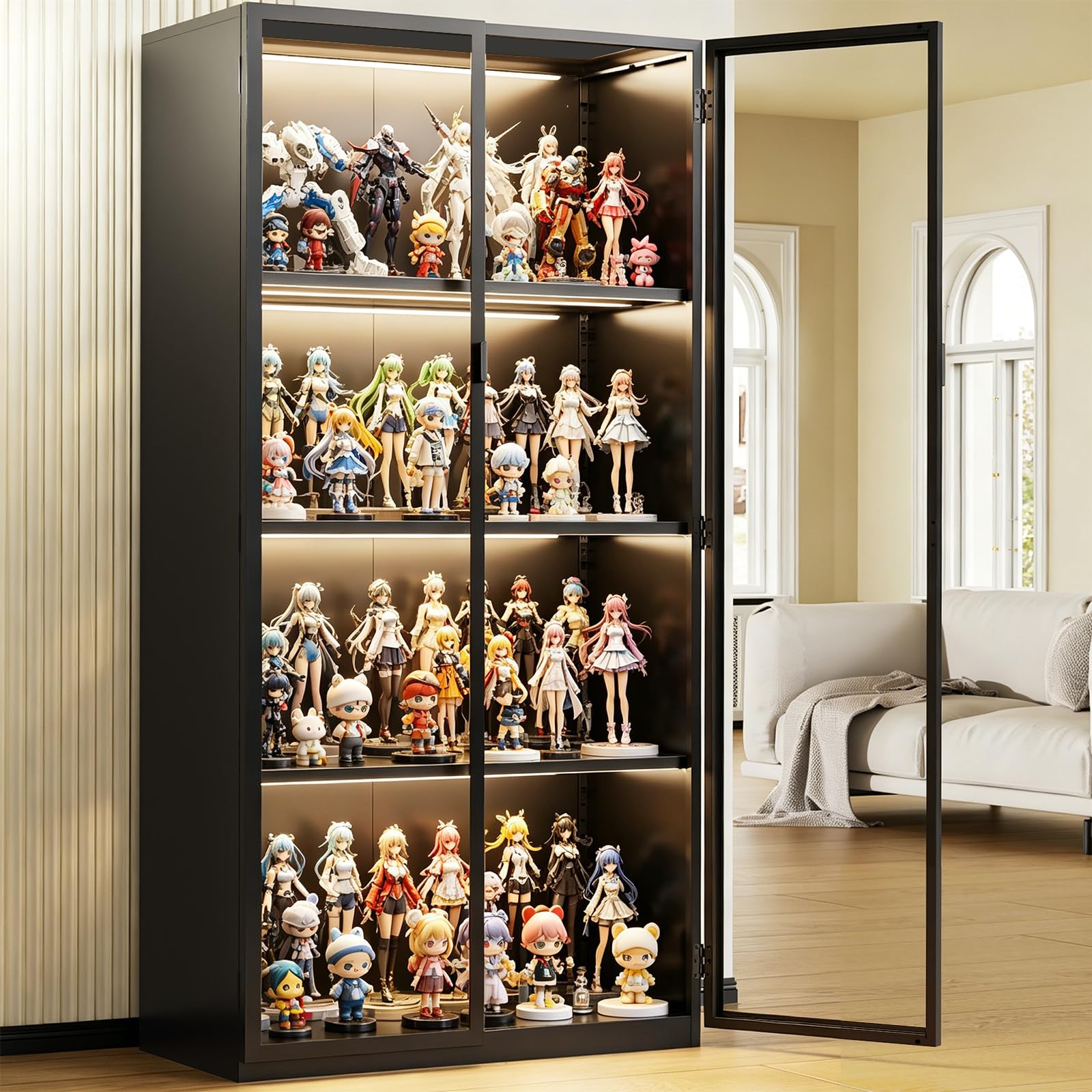 Rumetol Display Cabinet with Glass Doors, 4-Tier Curio Cabinet with 3 Color Lights,Glass Display Case for Collectibles with Adjustable Shelves-Toys,Books,Figures,Exhibit(63" Black)