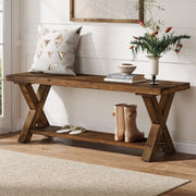 TRIBEWOOD 43.3" Solid Wood Bench, Farmhouse Wooden Entryway Bench with Storage Shelf, X-Shaped Leg Design, Entry Way Shoe Benches Seat for Hallway, Kitchen, Bedroom, Living Room