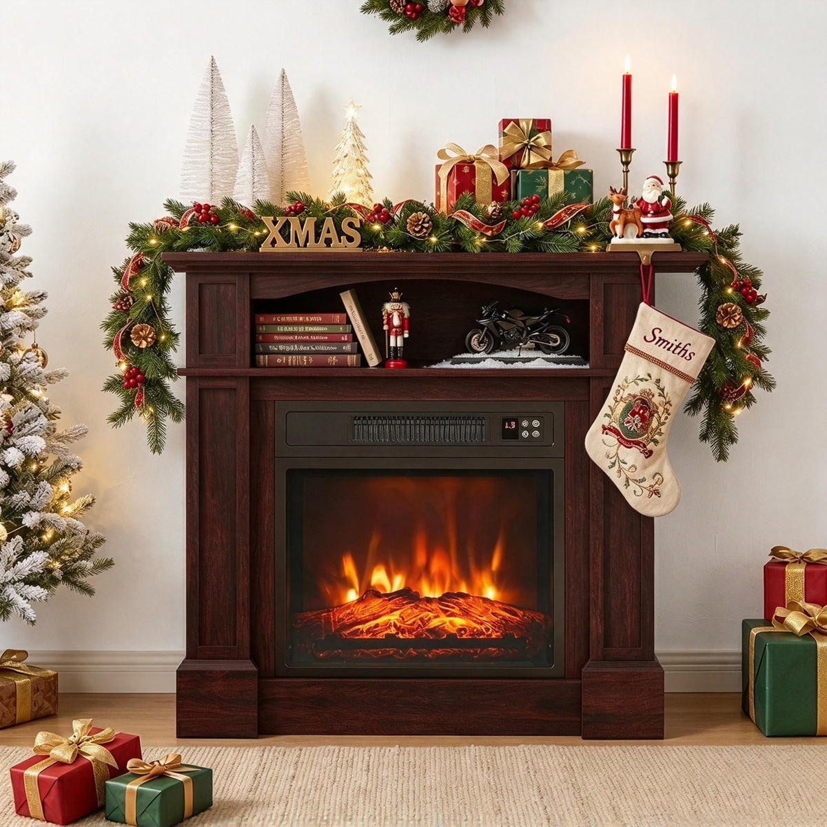 SIMOE 32-Inch Electric Fireplace with Mantel, Storage Cabinet, Brown