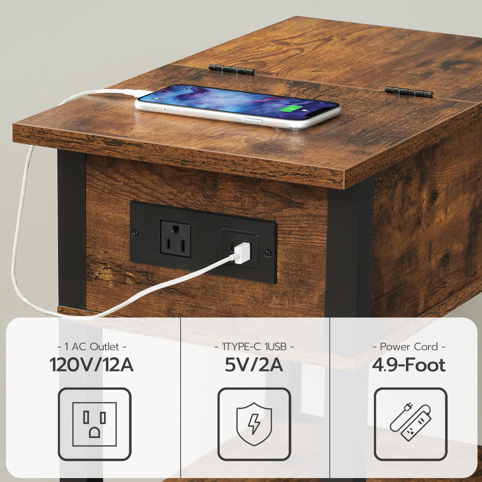 End Table with Charging Station & Storage Shelves