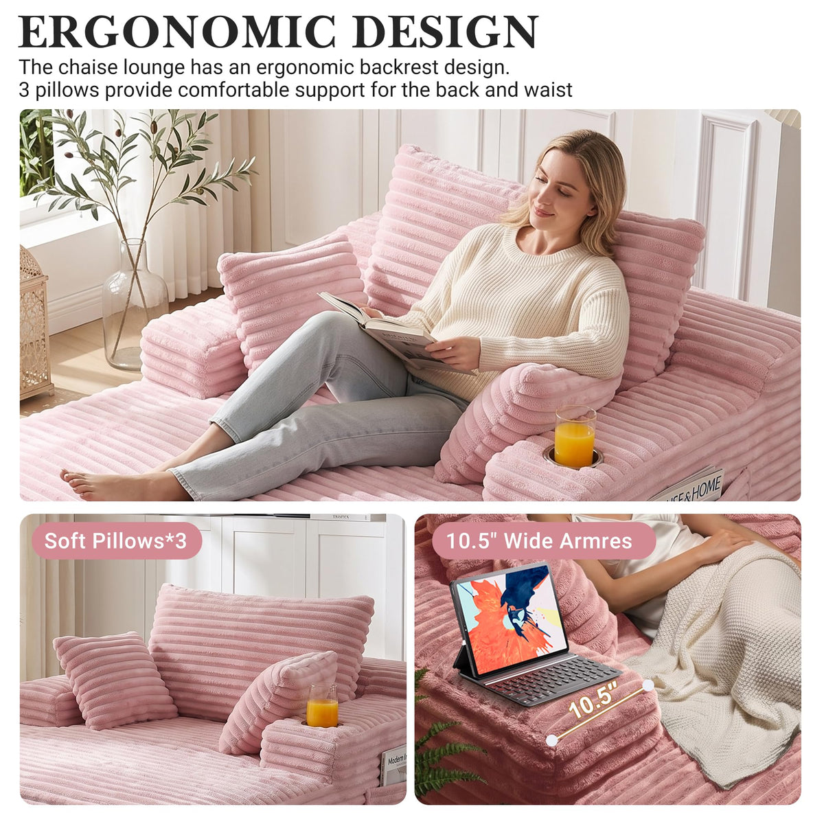 Oversized Chaise Lounge Chair Indoor, Upholstered Boneless Sofa Bed, Corduroy Deep Seat Sleeper Couch Reading Chairs with 1 Cup Holder, 2 Side Pockets & 3 Pillows, No Assembly (Pink, Oversized)
