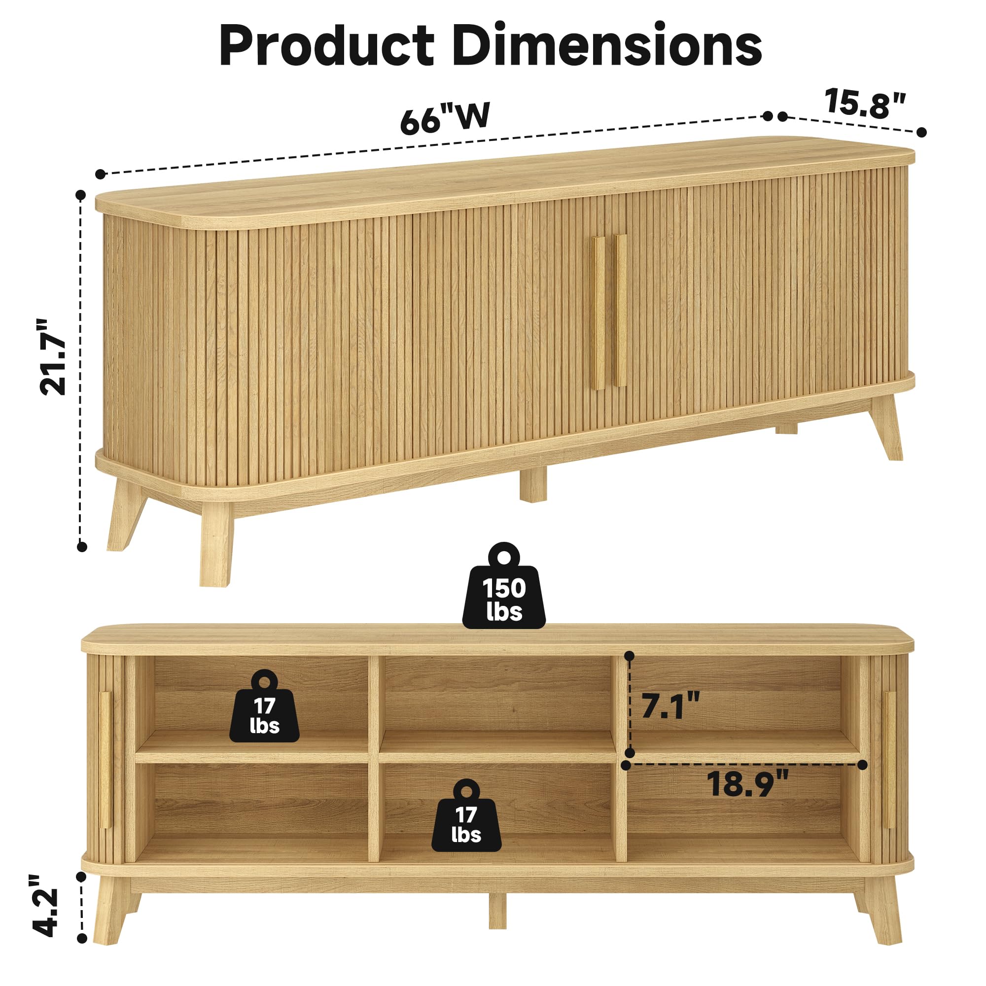 66" Mid-Century Modern TV Stand with Sliding Doors