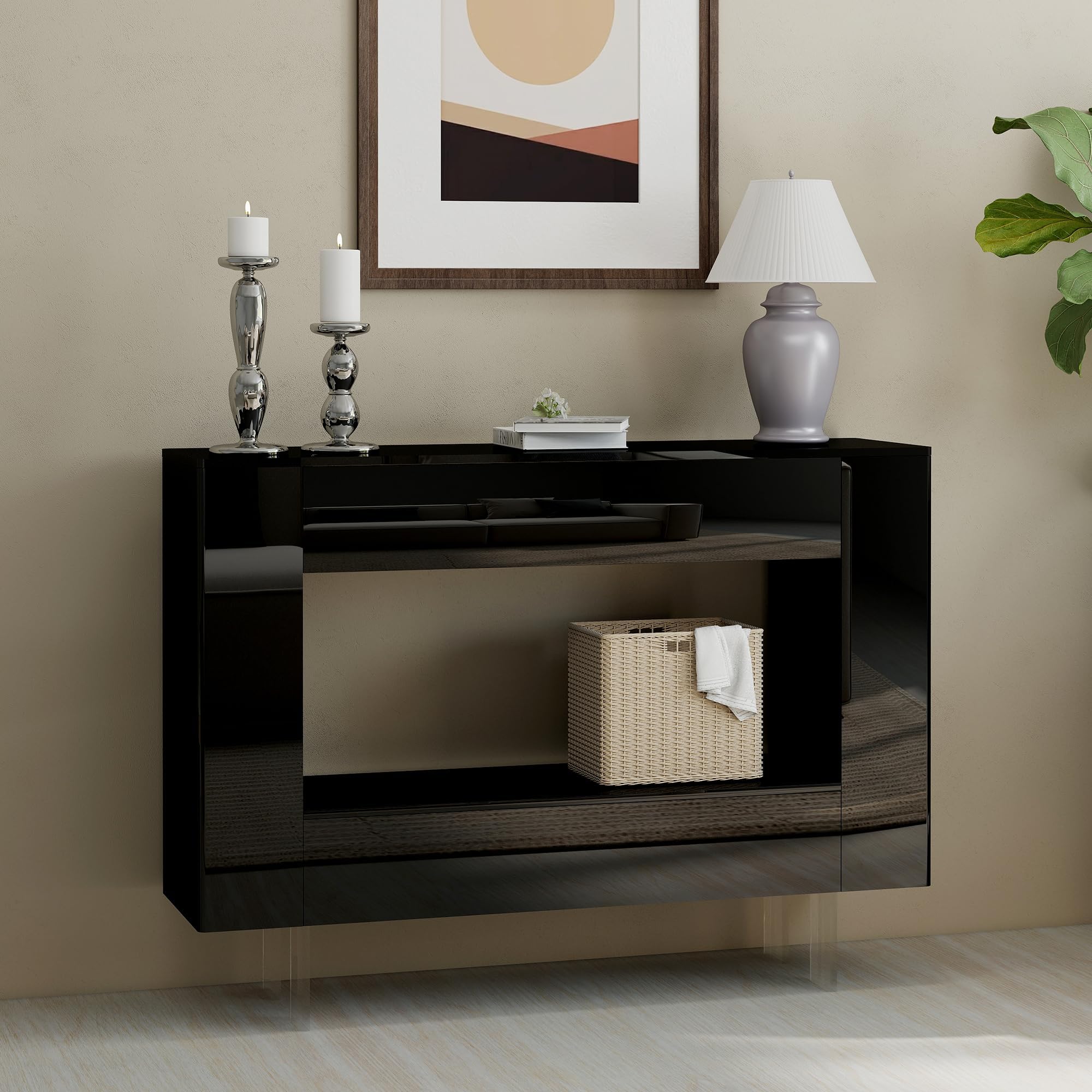 Vavkorkula Console Table, High Gloss Entryway Table with Hidden Storage Cabinets, Adjustable Shelves, Modern Sofa Table for Behind The Couch, Living Room, Hallway, Black