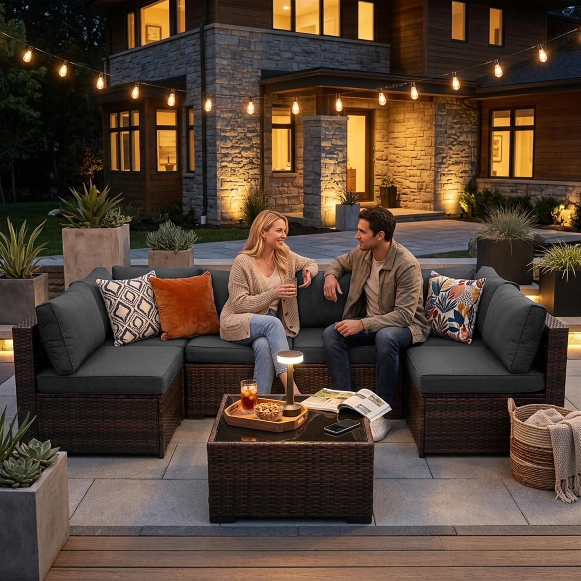 7-Piece Outdoor Sectional Sofa Set with Glass Table & Rain Cover