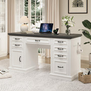 Jocoevol Farmhouse 57" Executive Desk with 7 Drawers, Home Office Desk with File Cabinet Storage, Computer Desk with Charging Station and Headphone Hook for Work, Study, Writing, White