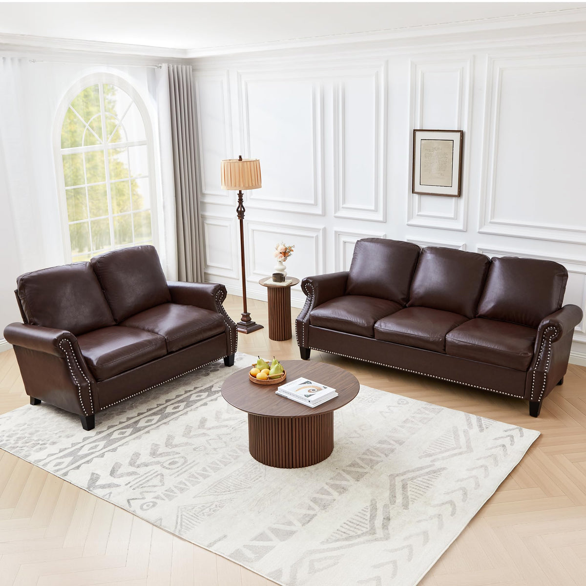 Brown PU Leather Sofa Set, 3-Piece